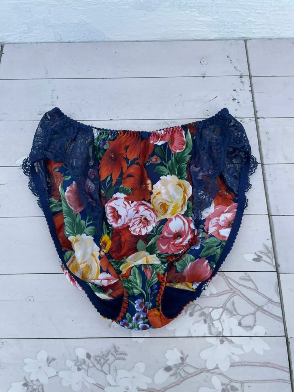 Oscar de la Renta Navy Floral Lace Trim Panties